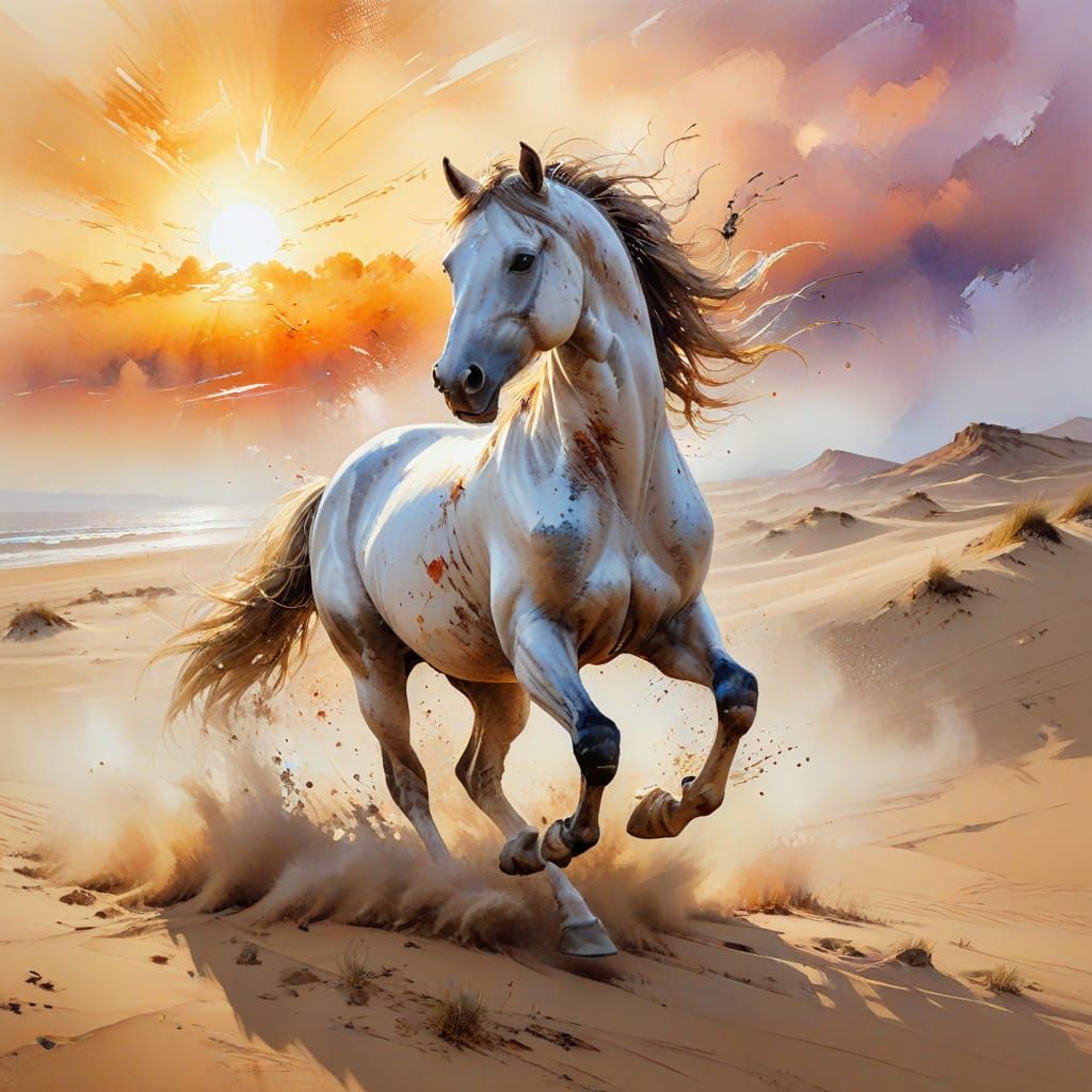 Misty Stallion Galloping: Watercolor Sunset Scene