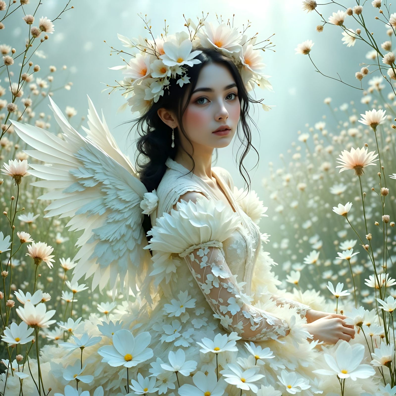 Ethereal Cyberpunk Woman in Gown of Leaves and Flowers