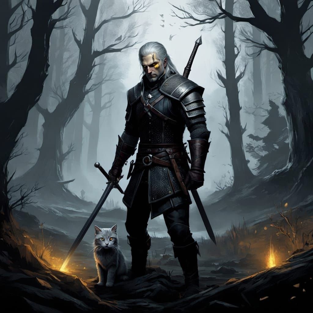 Geralt of Rivia in Eerie Forest, Digital Painting