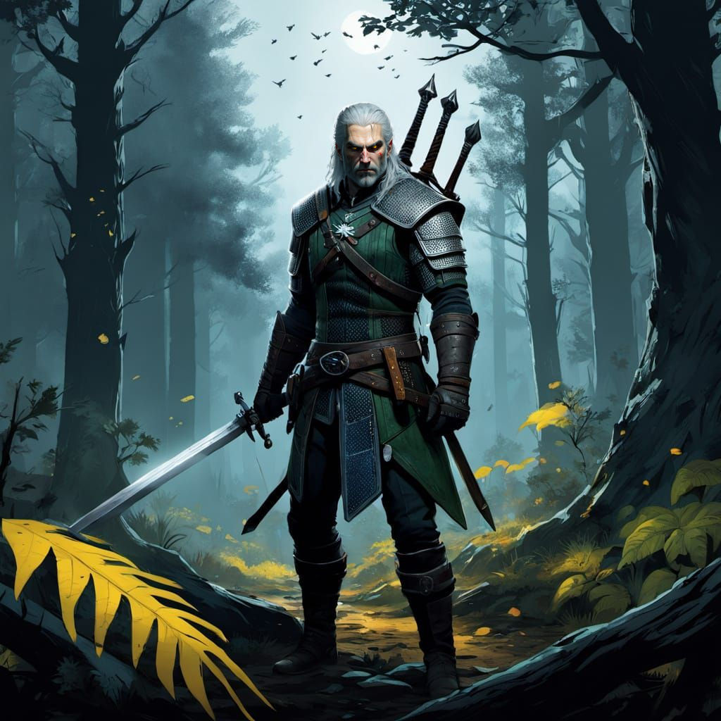 Geralt of Rivia in Eerie Forest, Digital Painting