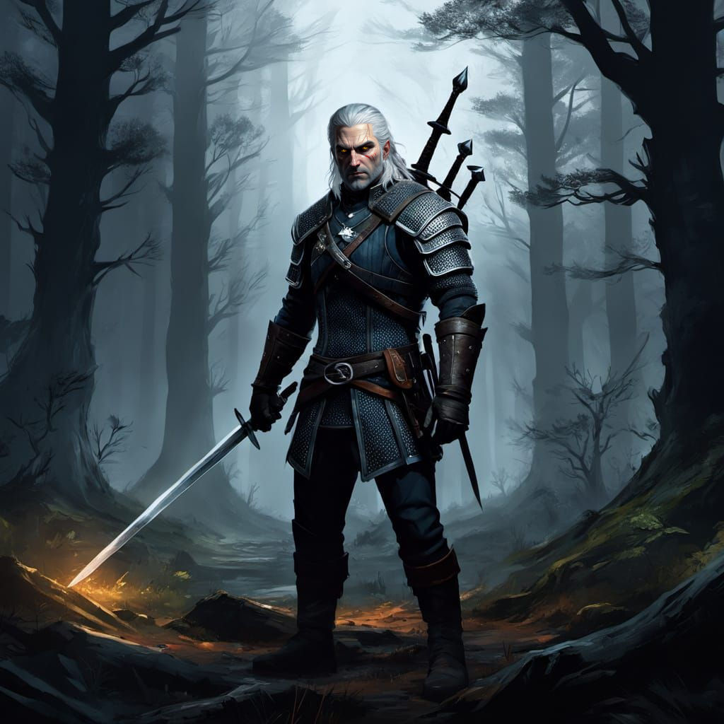 Geralt of Rivia in Dark Forest, Witcher 3 Style