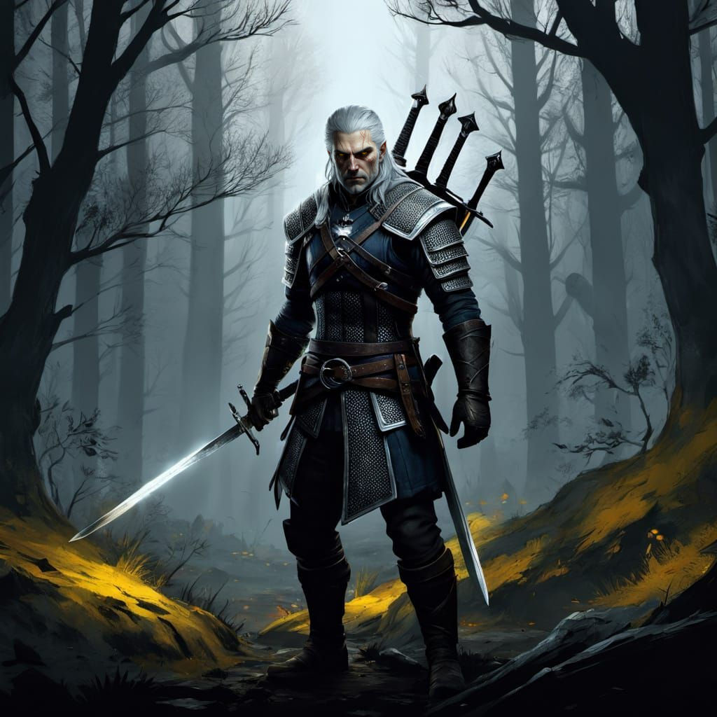 Geralt of Rivia with Silver Sword in Eerie Forest