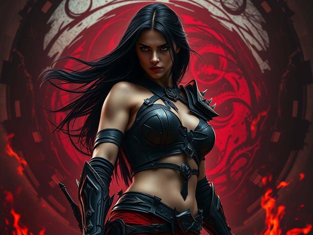 Fierce Armored Warrior Woman in Dramatic Pose