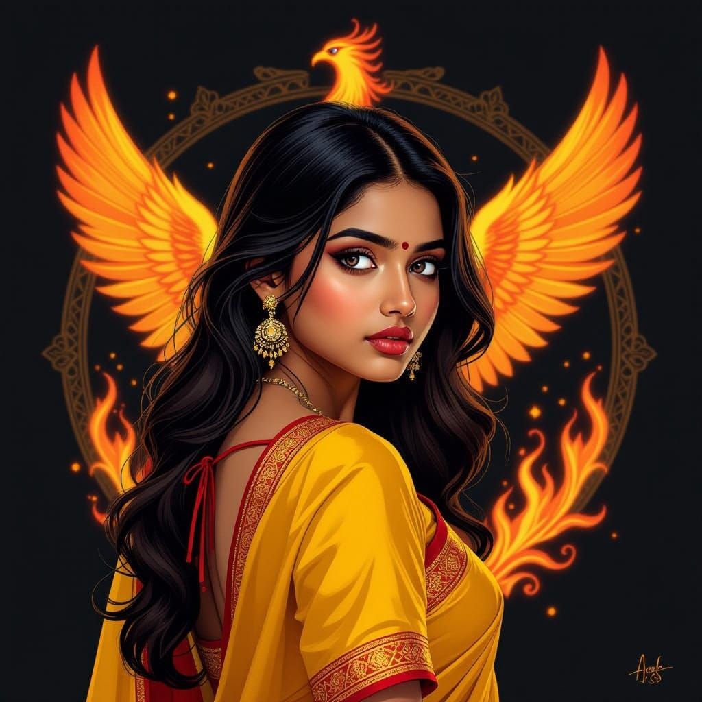 Bengali Woman in Yellow Saree with Fiery Phoenix Background