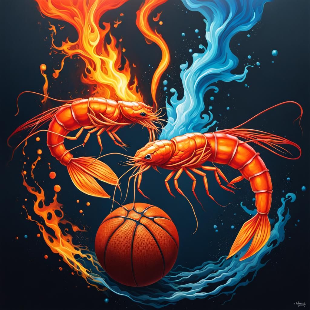 Flaming Shrimp Basketball Dunk in Graffiti Art Style