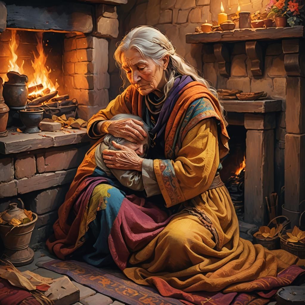 Kind Woman Comforts Elderly Woman: Fantasy Art