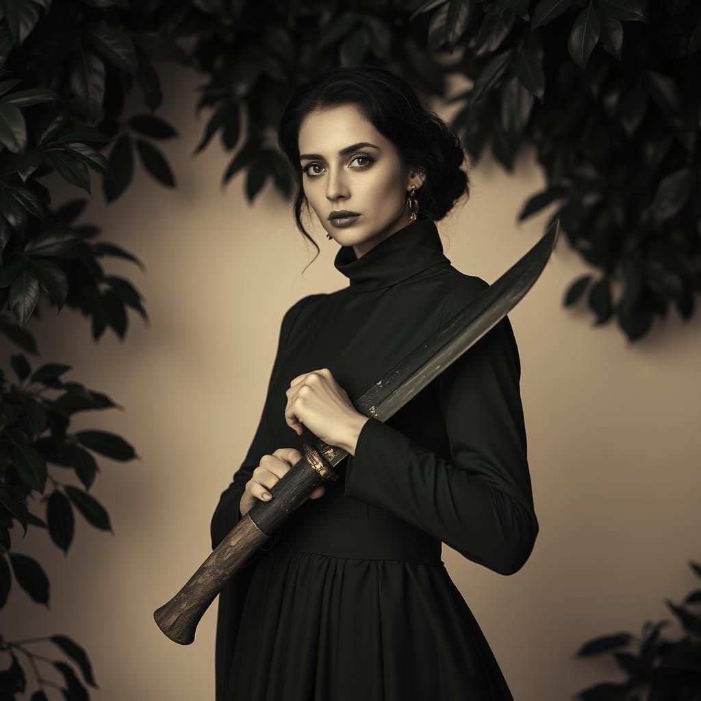 Elegant Woman with Machete in Black and White