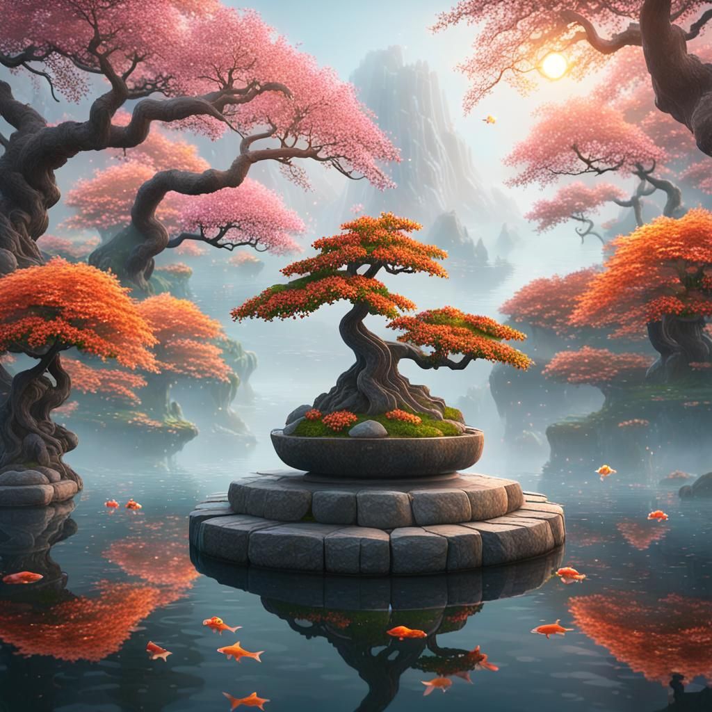 Cherry Bonsai in Misty Lake: Digital Matte Painting