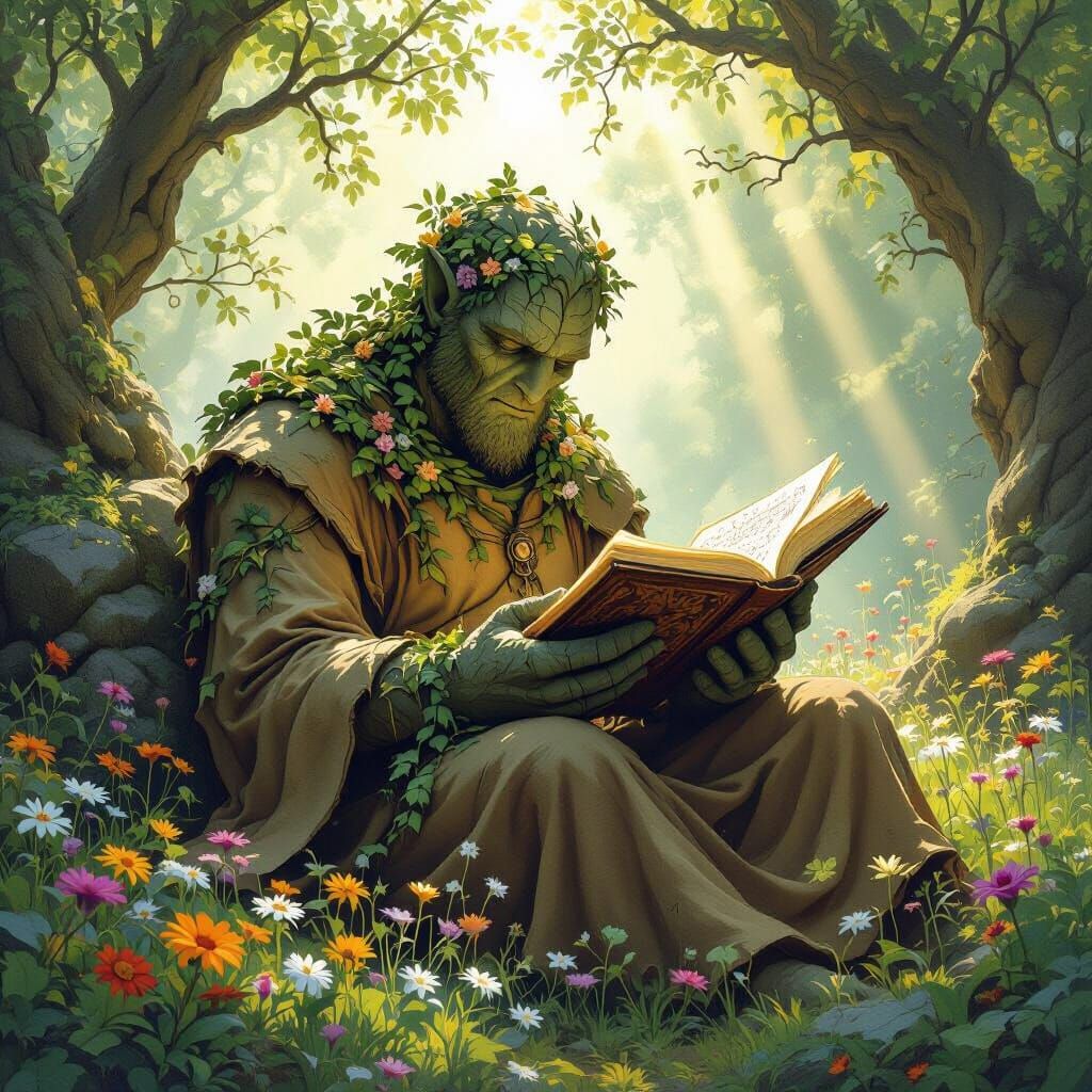 Moss Golem Reading in Forest, Rackham Style