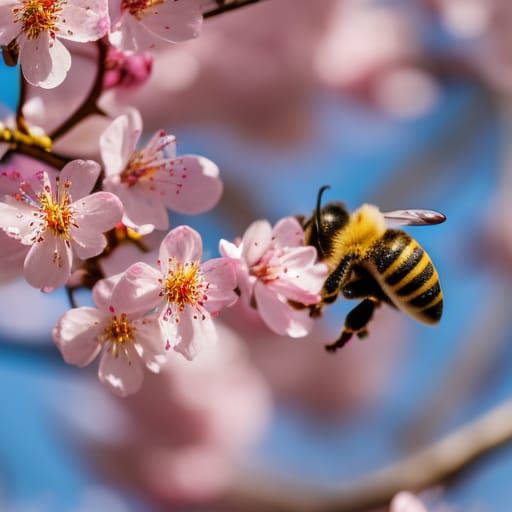 Bees on Cherry Blossoms: Realistic Photography
