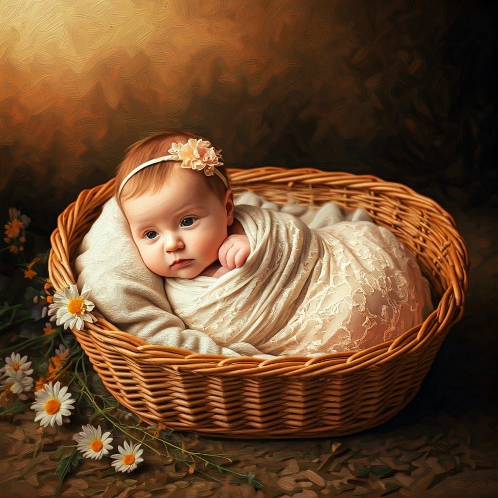 Serene Baby in Wicker Basket: Impressionist Style