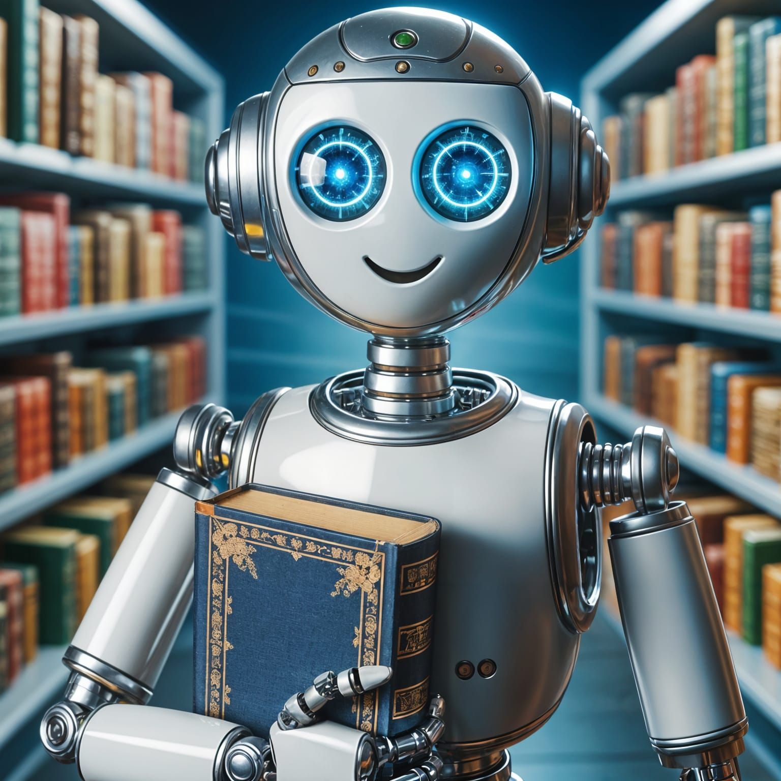 Young Robot Enjoys Ancient Knowledge in Futuristic Library