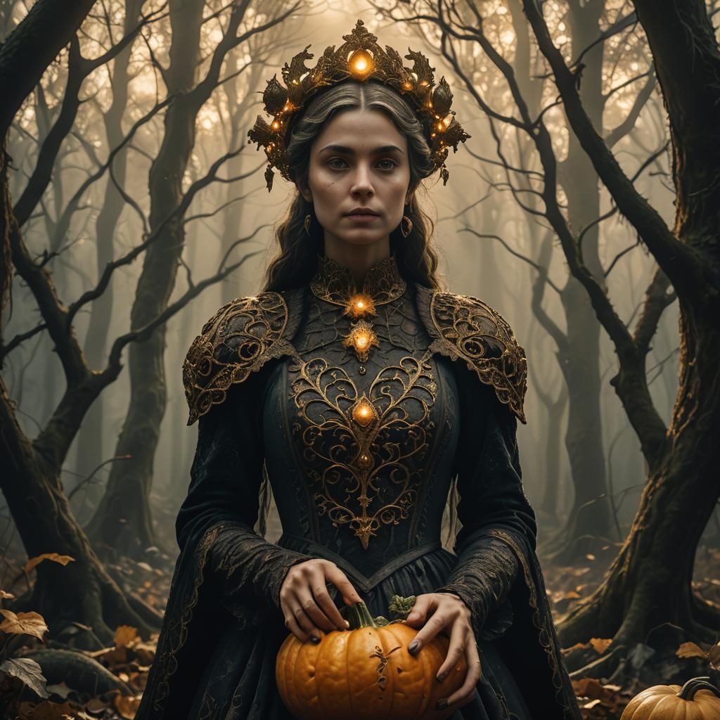 Mysterious Woman with Autumnal Squash in Dark Forest