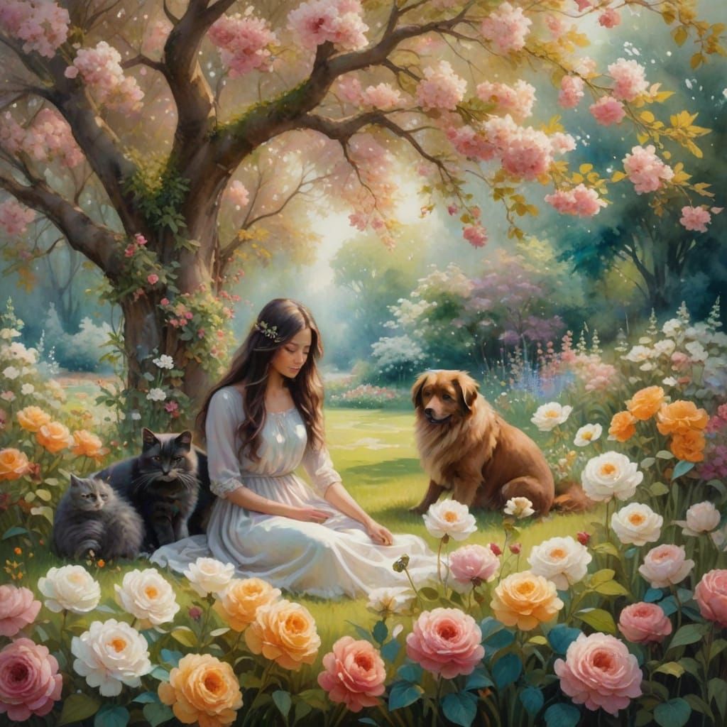 Whimsical Oil Painting of Woman in Garden