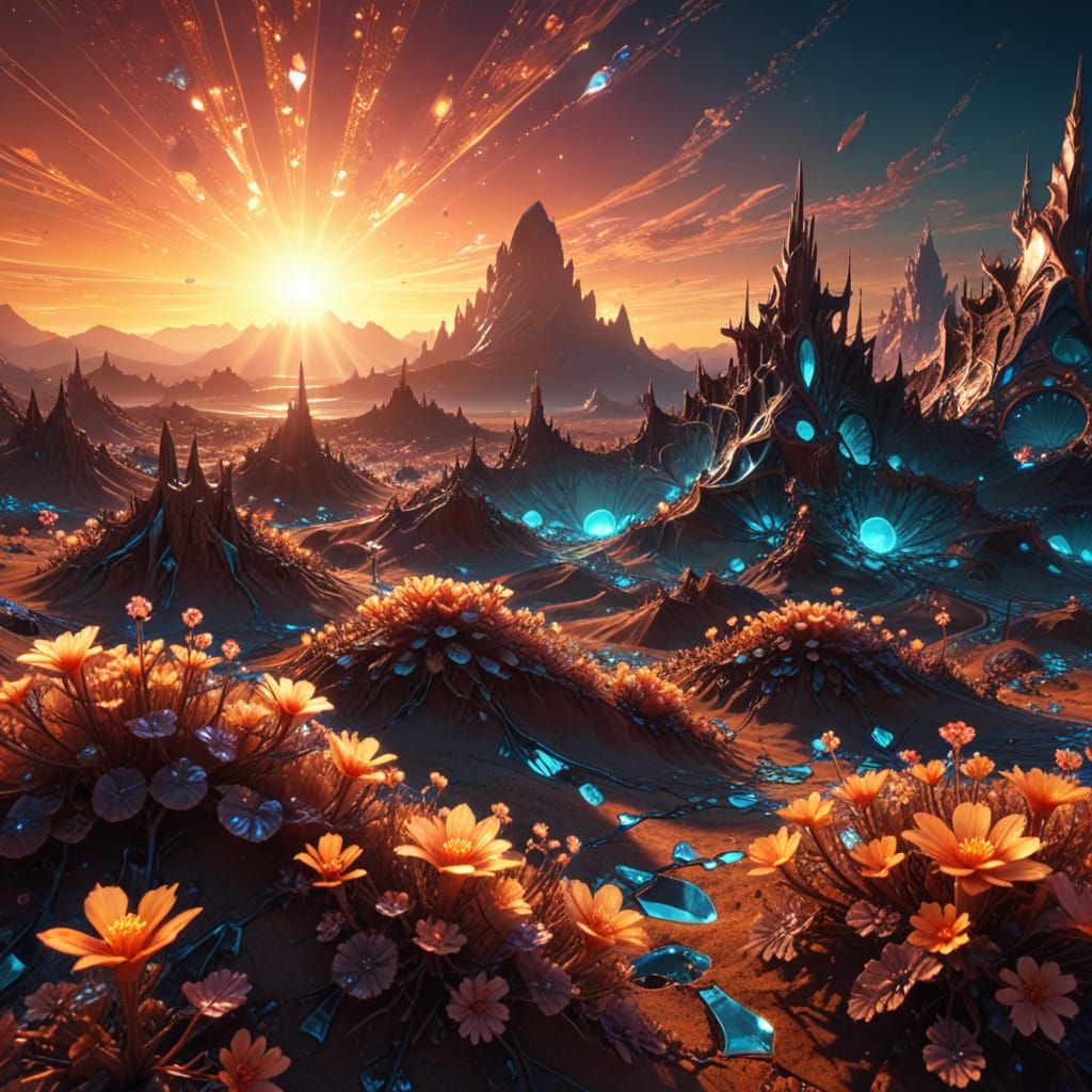 Alien Landscape with Crystalline Structures and Glowing Flor...