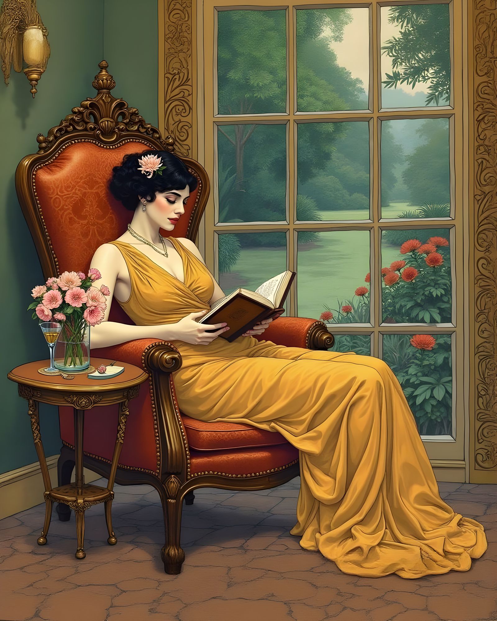 Art Nouveau Lady Reading in Garden Scene