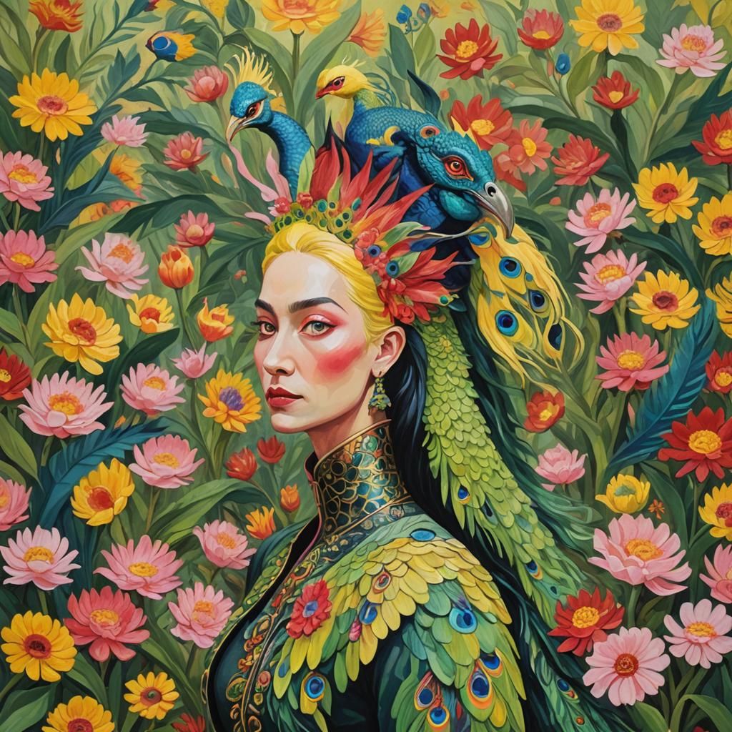 Vibrant Dragon-Peacock Woman in Impressionist Style