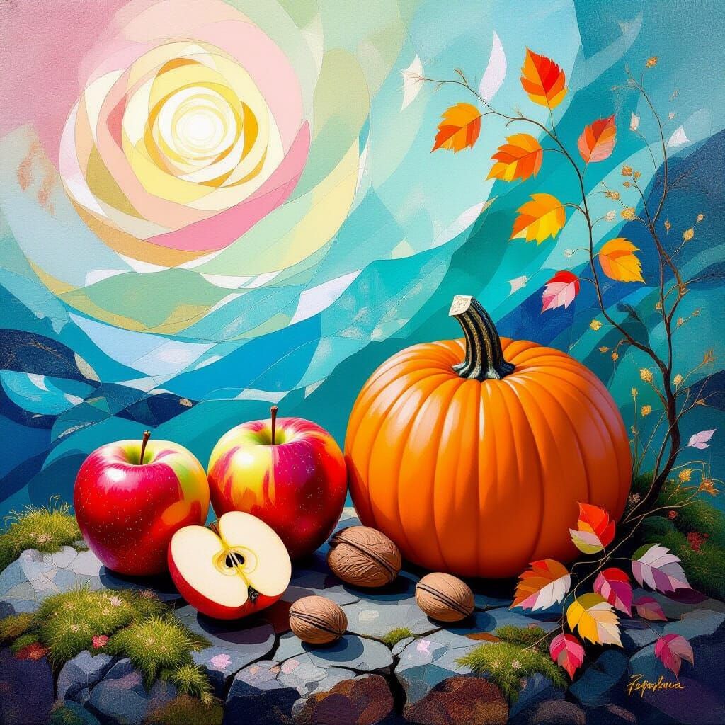 Metamodern Autumn Landscape with Apples and Pumpkins