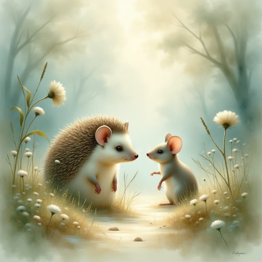 Hedgehog and Mouse in Watercolor Dreamscape