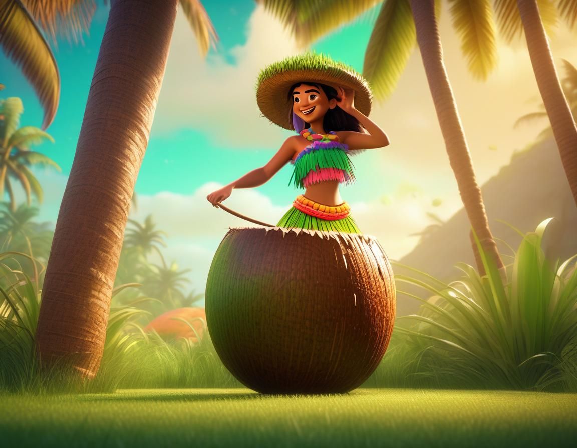 Hula Girl in Coconut Bra: 3D Digital Art