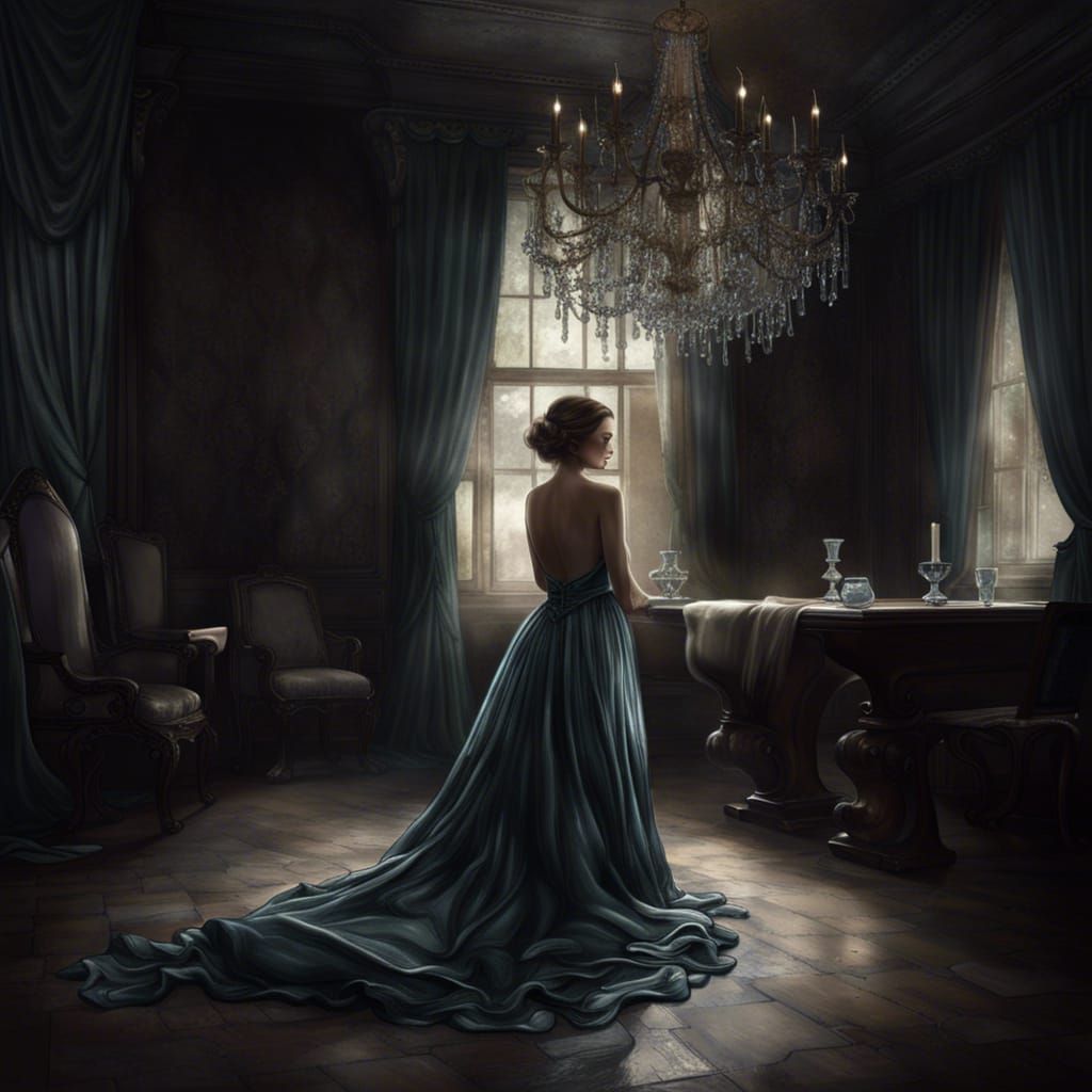 Sorrowful Woman in Gown on Stone Floor