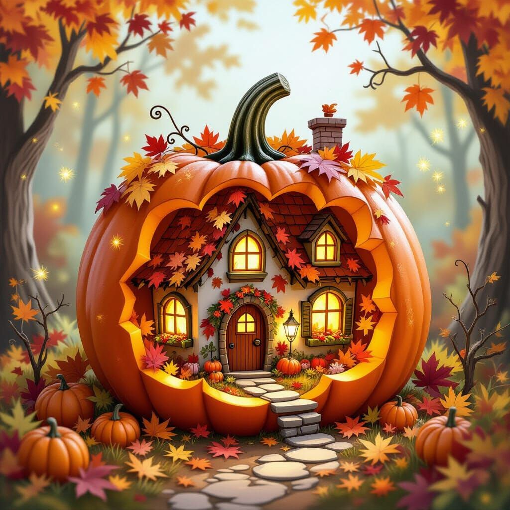 Cozy Autumn Village Inside Pumpkin, Watercolor Style