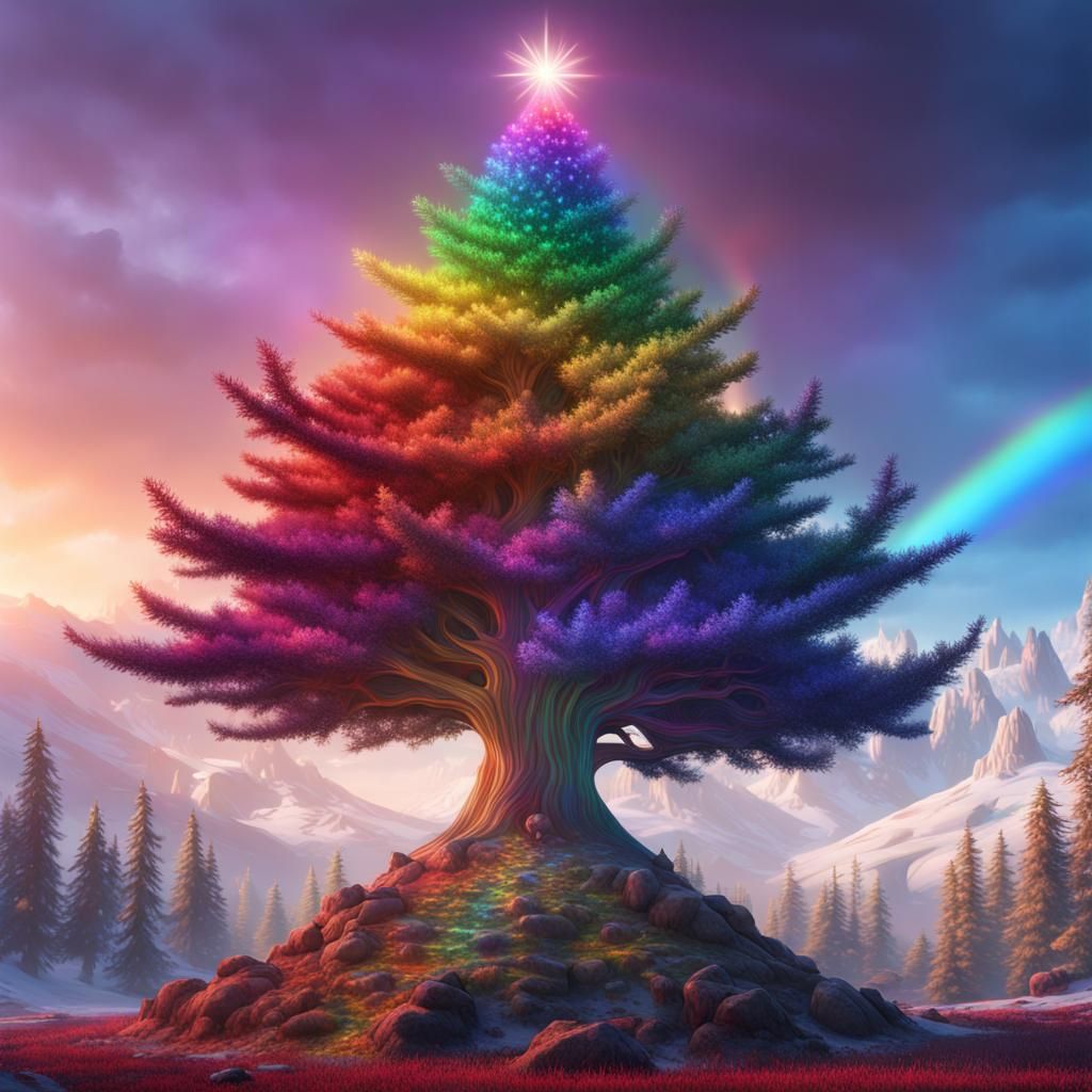 Rainbow Christmas Tree: Detailed Fantasy Art
