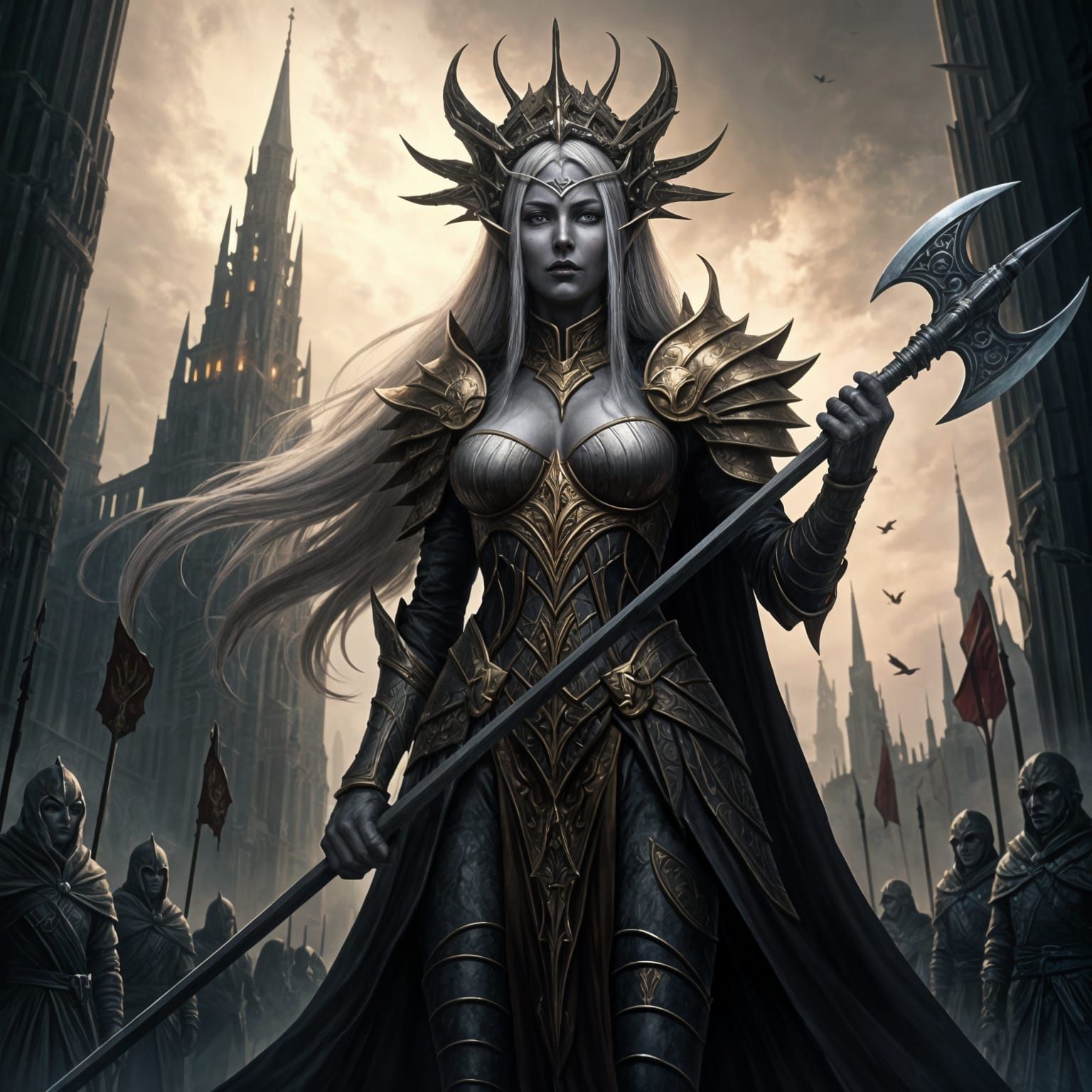 Drow Commander Addresses Soldiers in Dark Fantasy City
