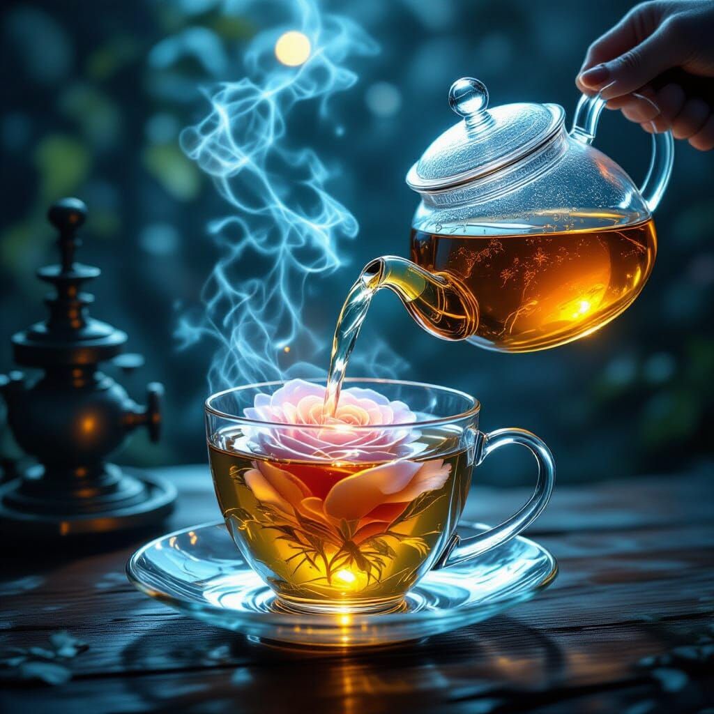 Steampunk Teapot Pours Water Rose into Cup