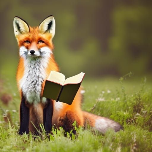 Adorable Fox Reading Book in Forest Meadow