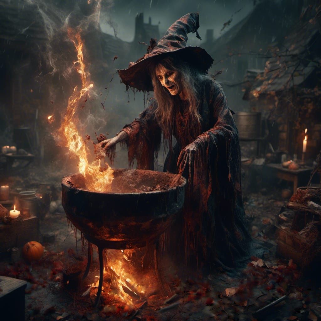 Macabre Witch Cackling Over Cauldron, Detailed Matte Paintin...