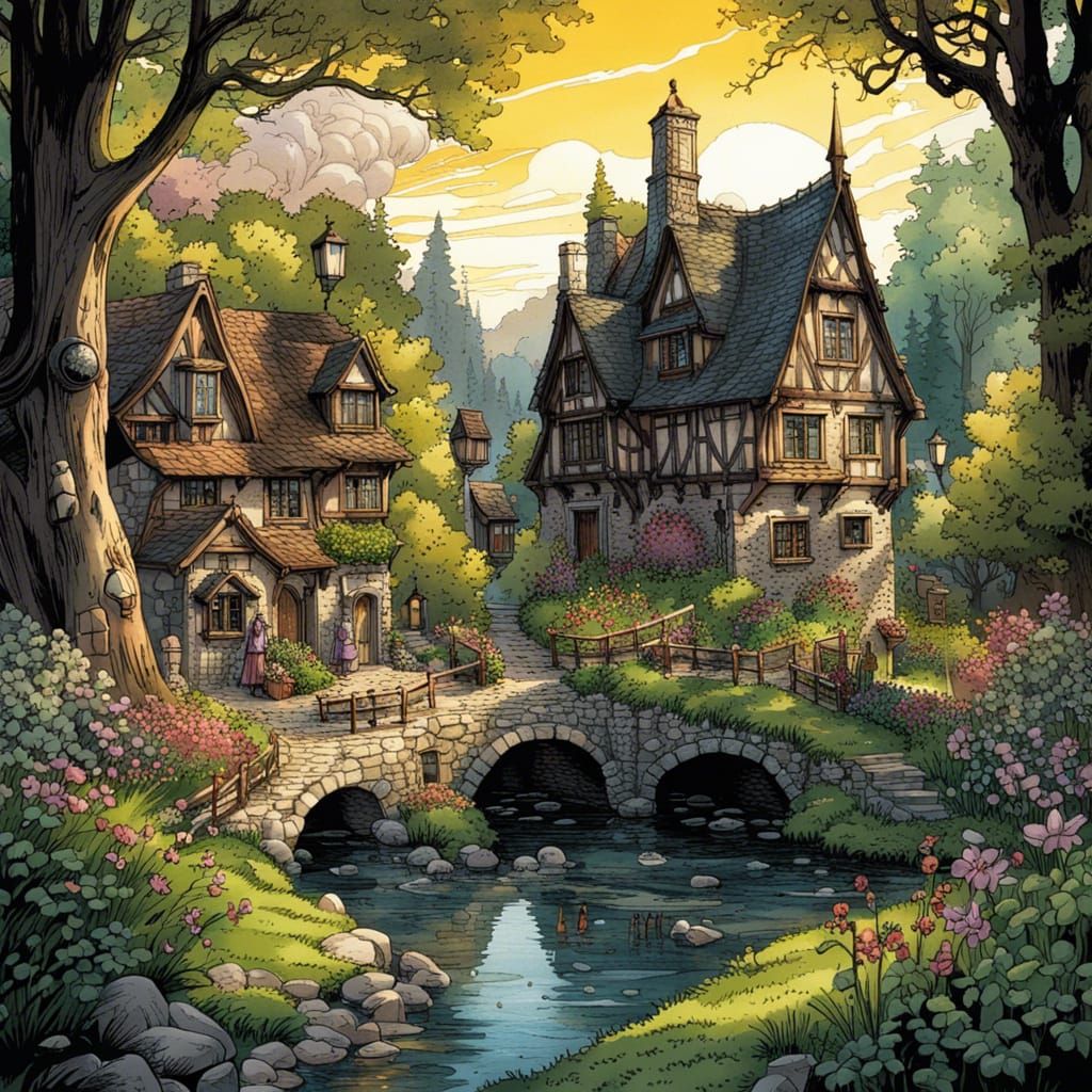 High Gothic Fairytale Town in Dark Fantasy Watercolor