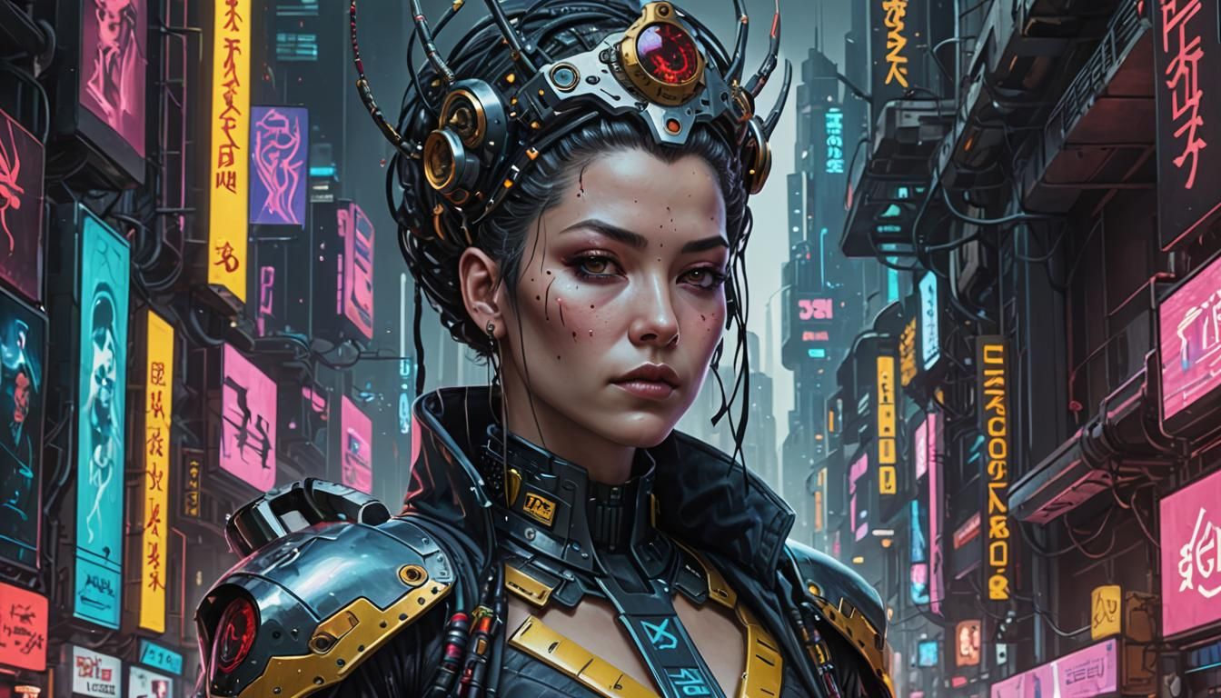Cyberpunk Queen Overseeing Her Nation in Hyperrealism