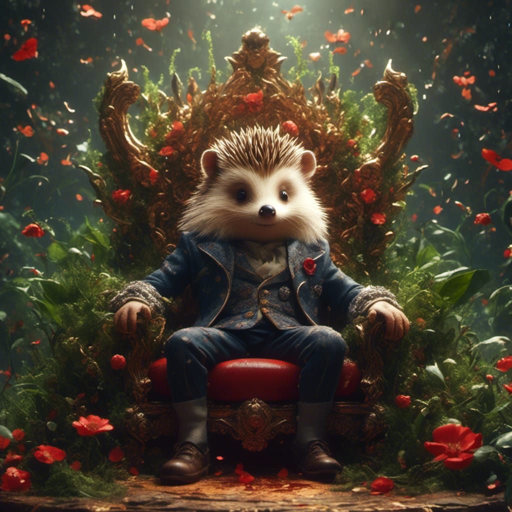 Hedgehog King on Plant Throne in Anime Style