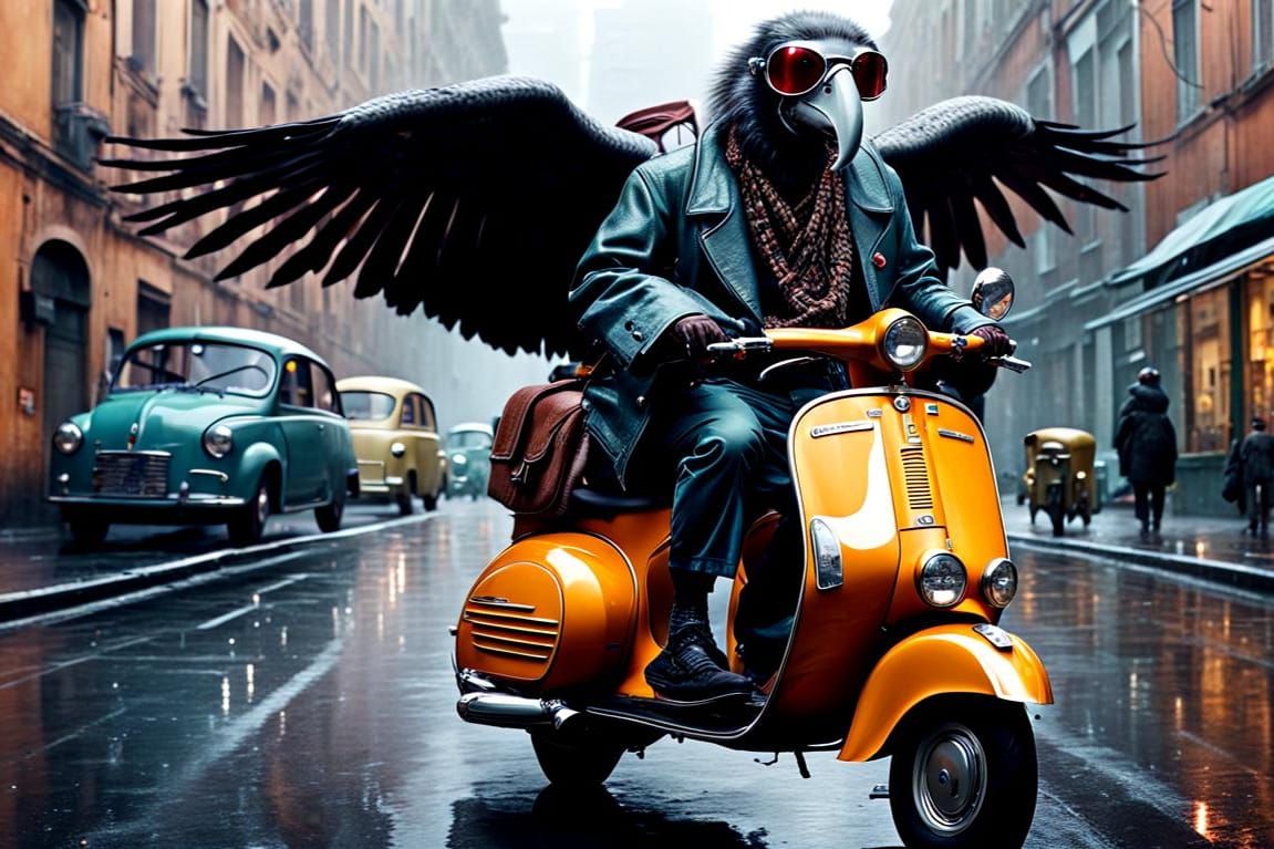 Surreal Vulture Rides Vespa in Rainy Cityscape