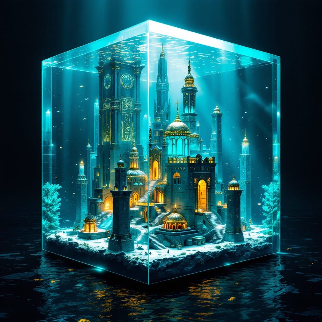 Miniature Atlantis City in Glass Cube
