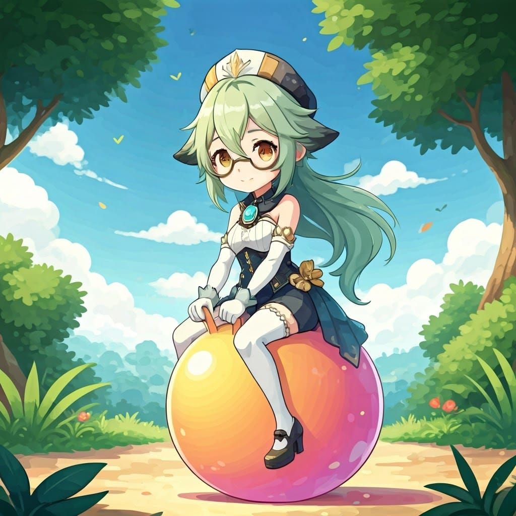 Genshin Character Sucrose Riding a Whimsical Hopper Ball