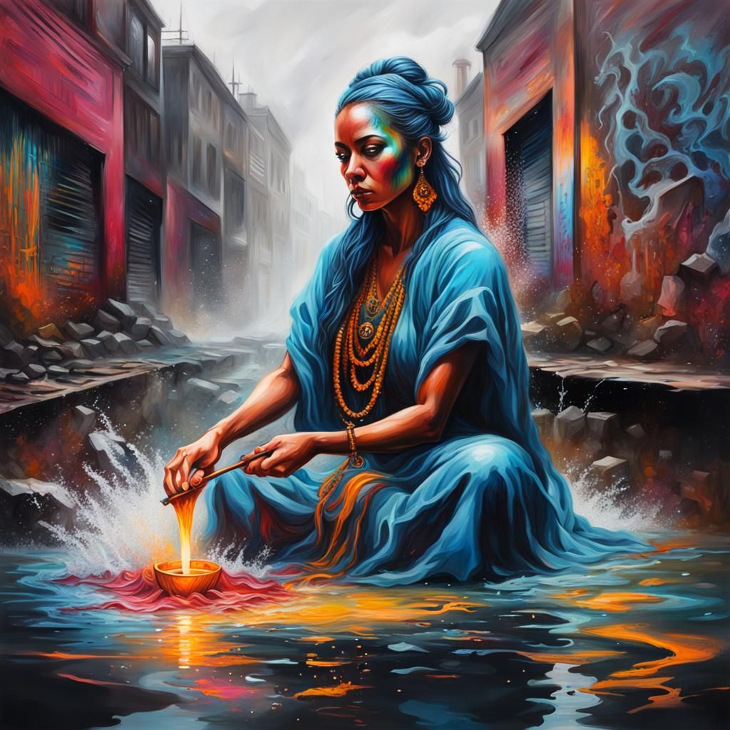 River Goddess Portrait in Graffiti Art Style