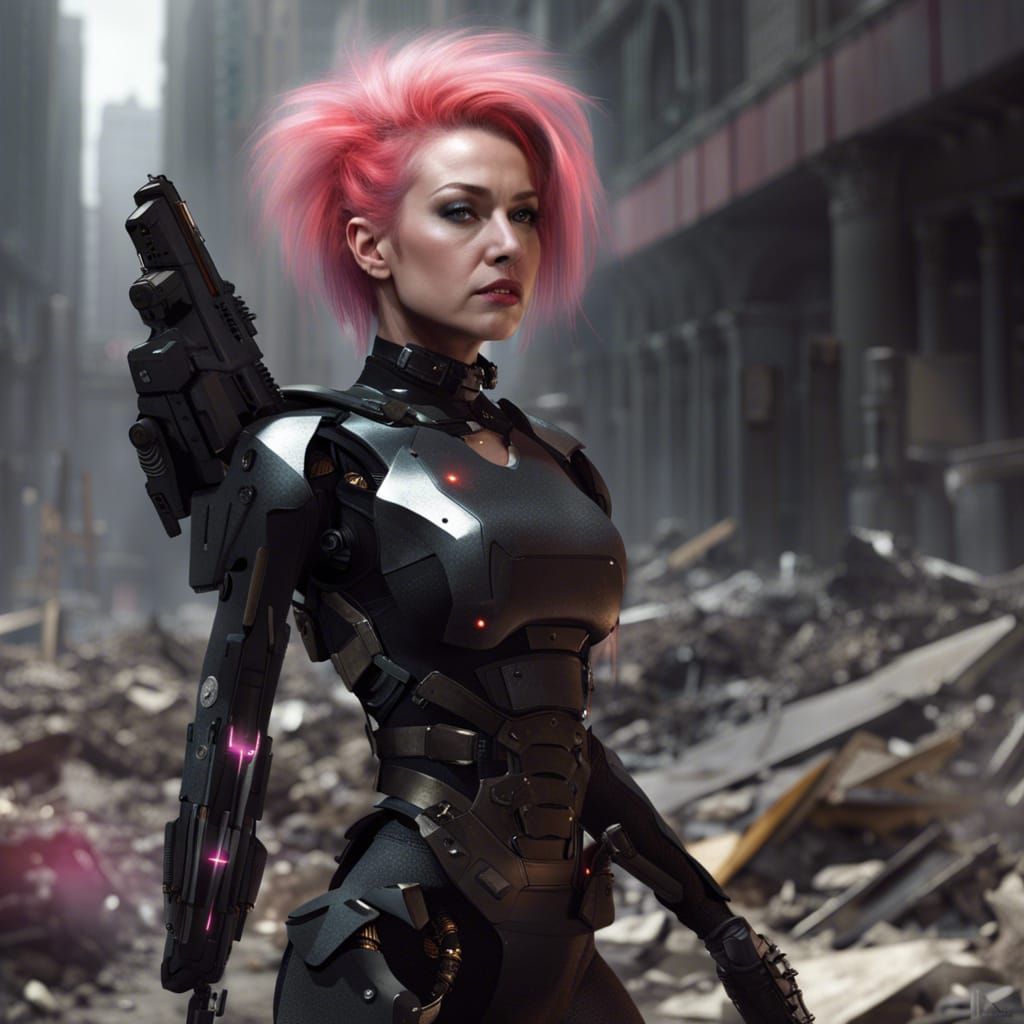 Cyborg Cyndi Lauper in Devastated City, Hyperdetailed Art