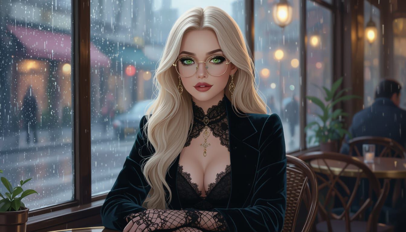 Gothic Woman in Rainy Cafe, Modern Romance Film Style