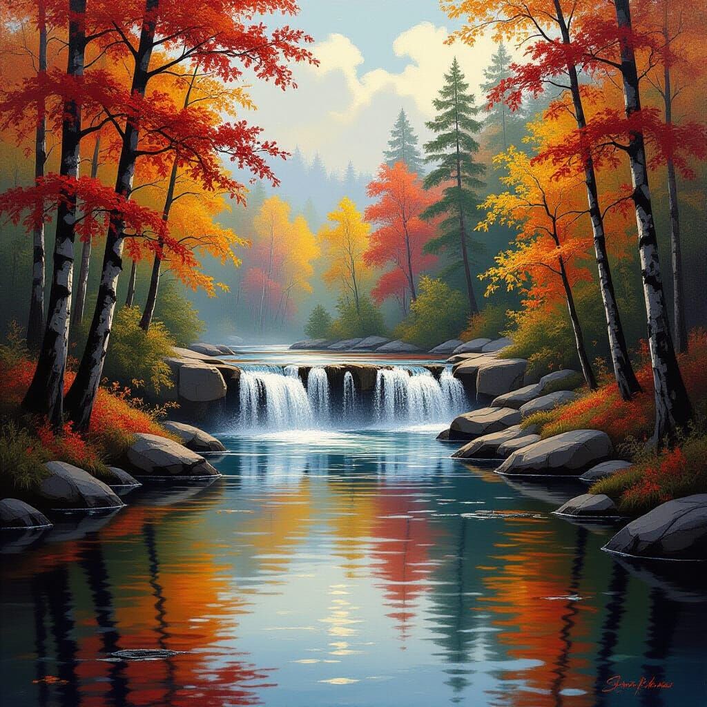Autumn Forest River Scene with Impressionist Style
