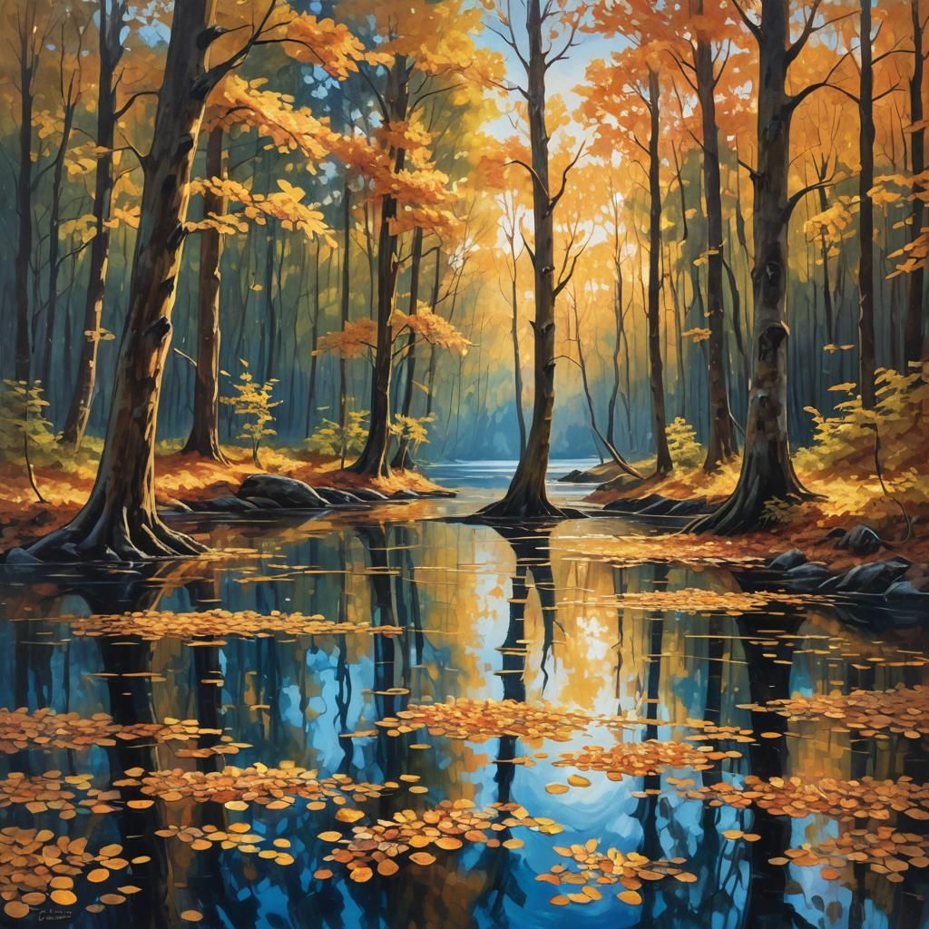 Golden Forest Reflected: Romantic Impressionist Oil Painting