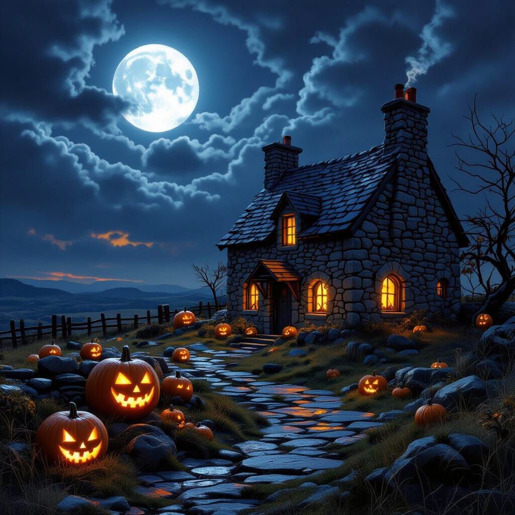 Halloween Cottage on Windswept Moor Under Full Moon