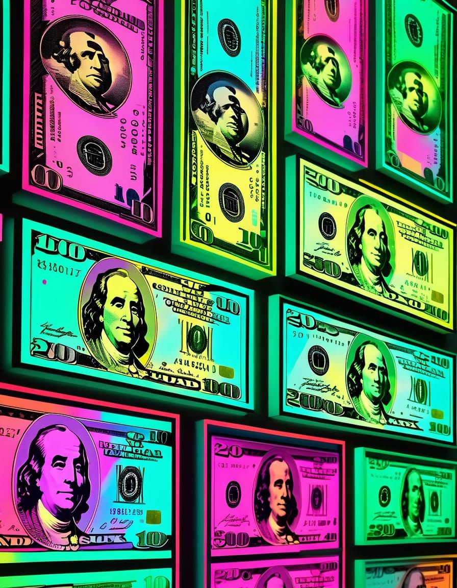 Neon Dollar Bills in Gallery Lightboxes Pop Art Style