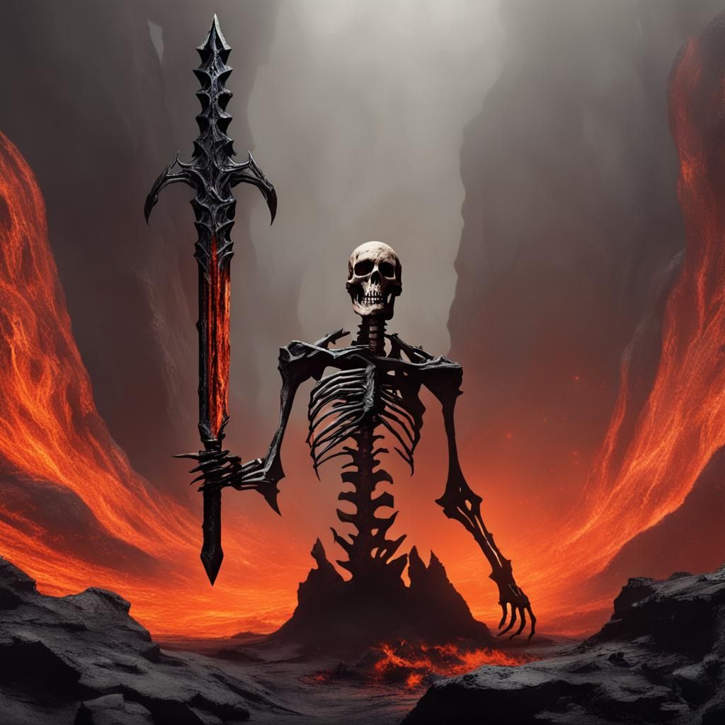 Skeletal Hand Emerges Holding Daedric Sword