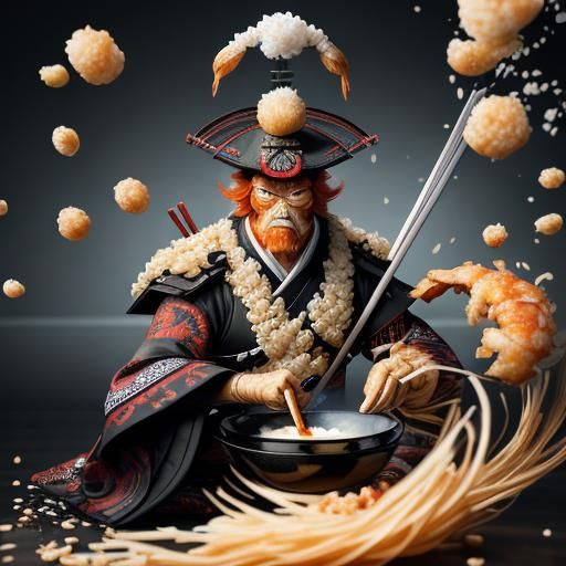 Japanese Samurai eye-balling a ginger sauce sparingly drizzl...