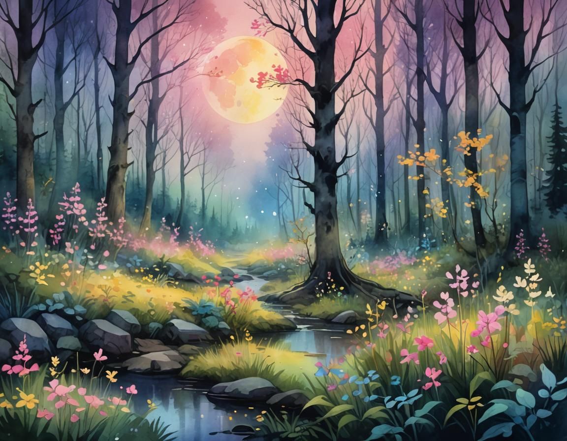 Spring Forest in Bloom: Digital Watercolor Art