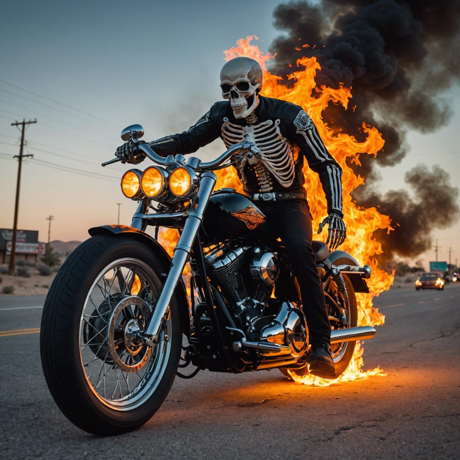 Flaming Skeleton on Harley Rides Route 666
