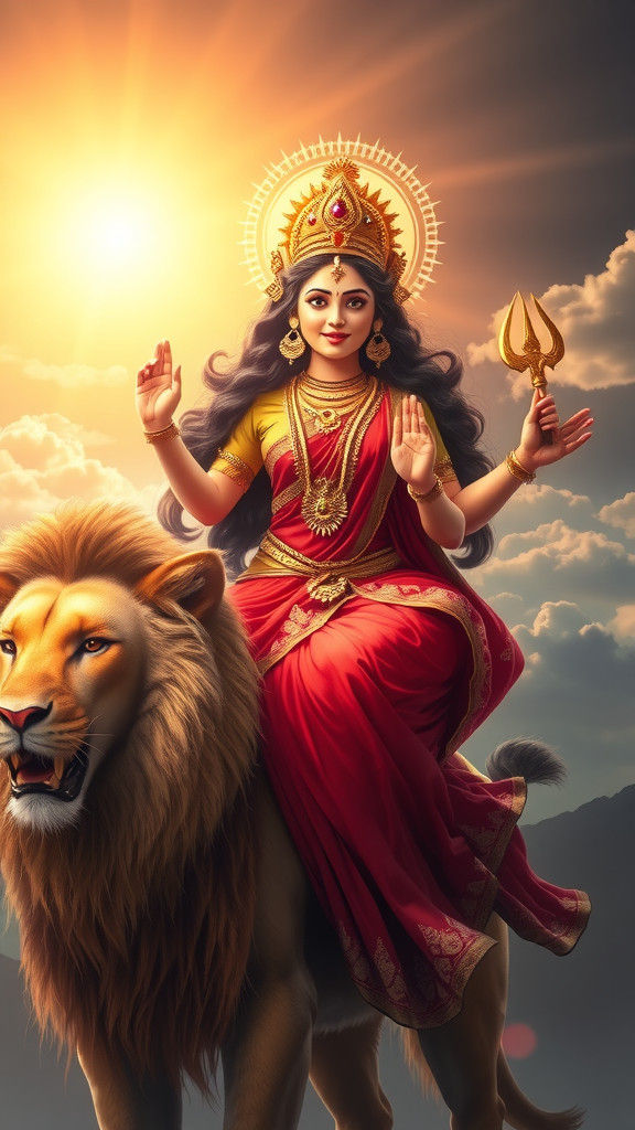 Goddess Durga on Lion in Golden Light