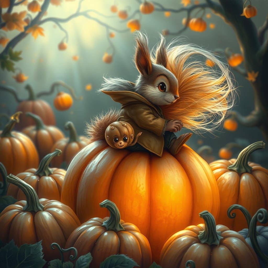 Squirrel Rides a Glowing Pumpkin in Enchanted Patch